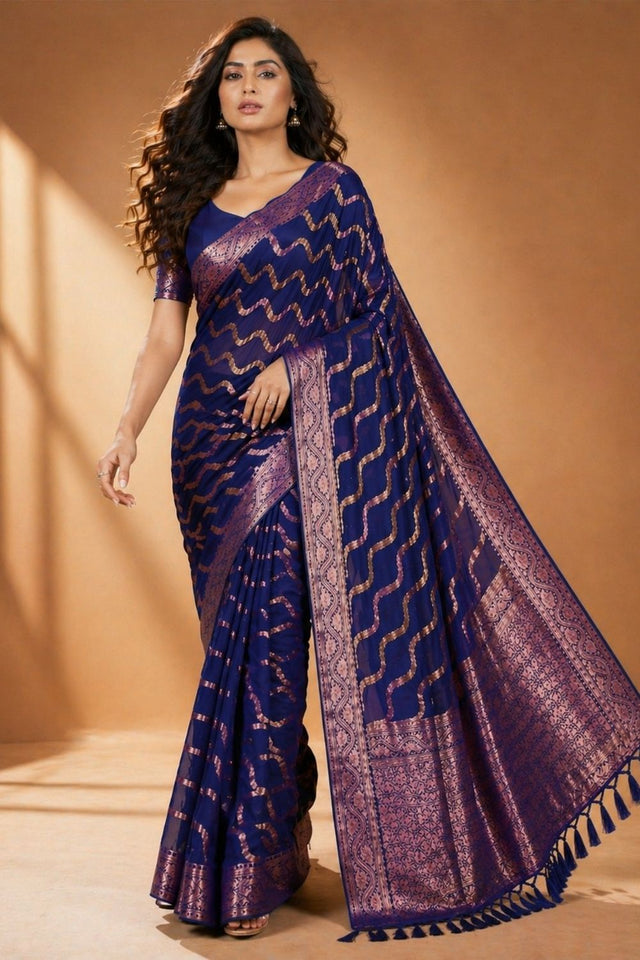 Blue Woven Chiffon Saree (ACA8806)