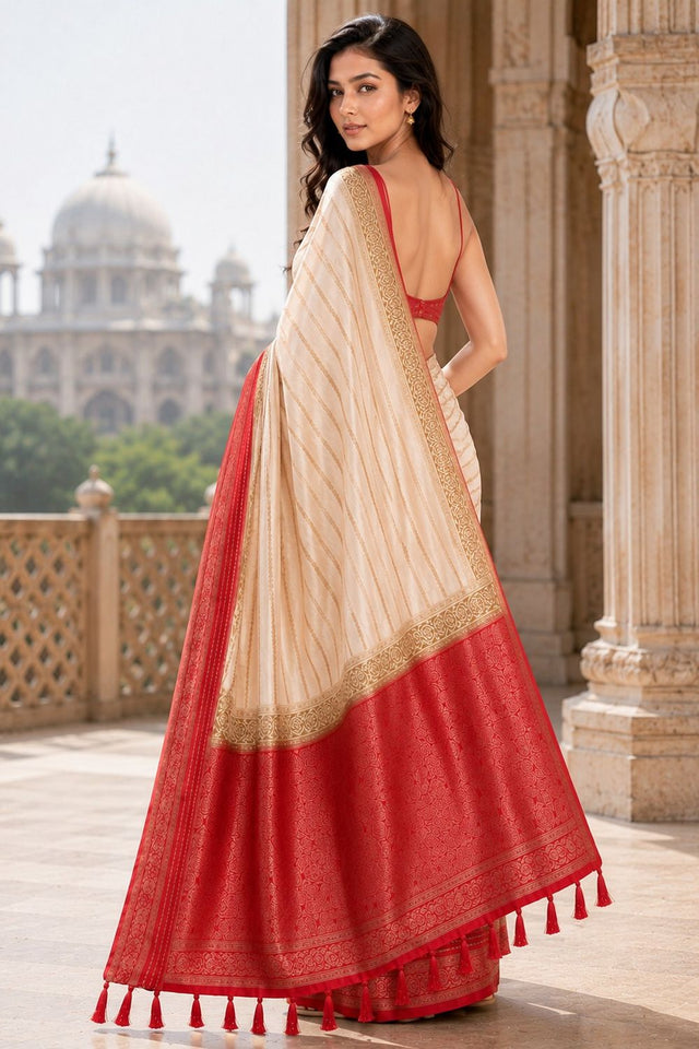 Cream Woven Crepe Saree (ACA8809)