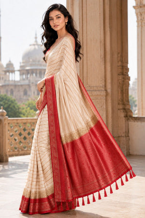 Cream Woven Crepe Saree (ACA8809)