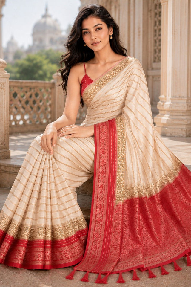 Cream Woven Crepe Saree (ACA8809)