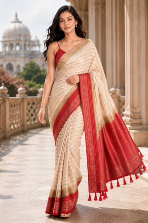 Cream Woven Crepe Saree (ACA8809)