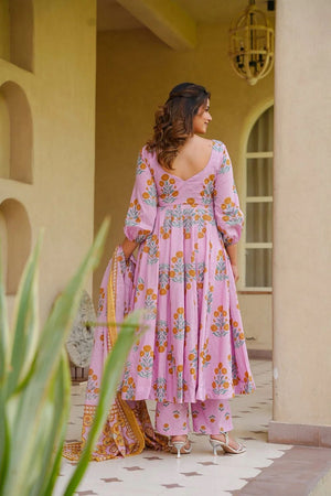 Pink Floral Printed Cotton Silk Anarkali Suit (ACA8812)