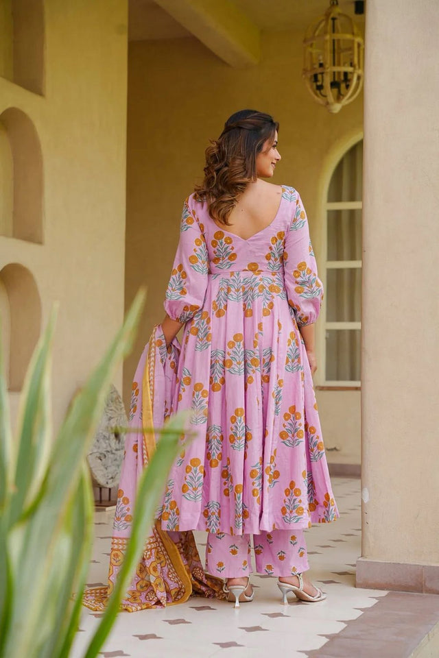 Pink Floral Printed Cotton Silk Anarkali Suit (ACA8812)