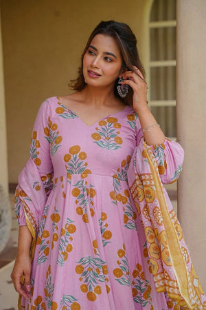Pink Floral Printed Cotton Silk Anarkali Suit (ACA8812)