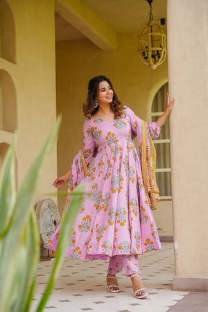 Pink Floral Printed Cotton Silk Anarkali Suit (ACA8812)