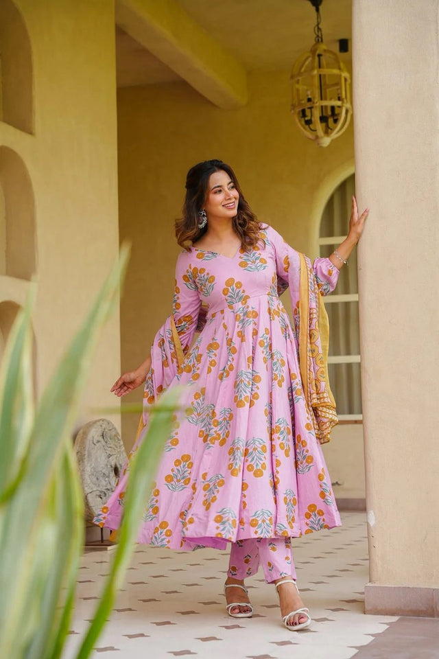 Pink Floral Printed Cotton Silk Anarkali Suit (ACA8812)