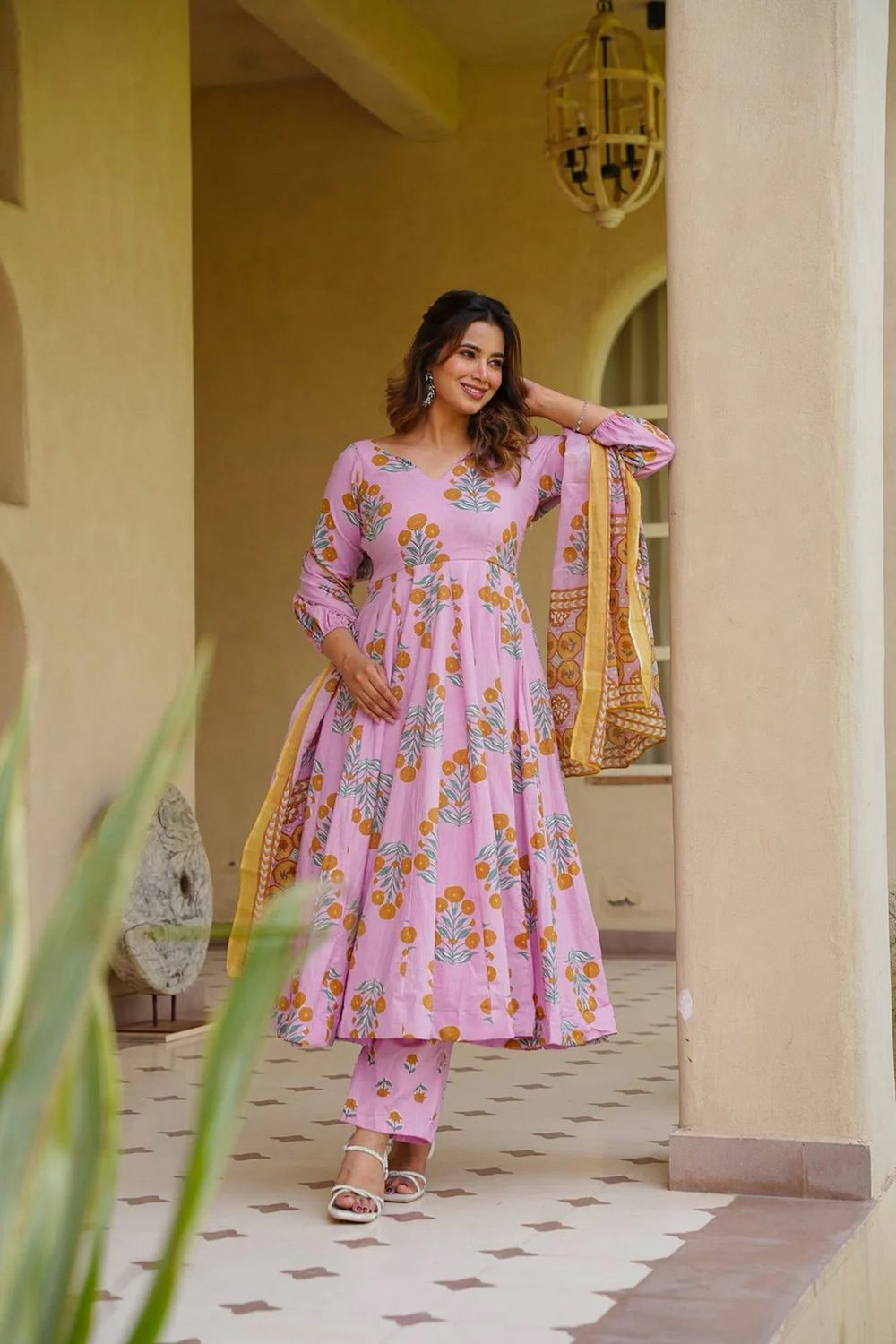 Pink Floral Printed Cotton Silk Anarkali Suit (ACA8812), 36