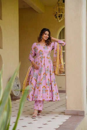 Pink Floral Printed Cotton Silk Anarkali Suit (ACA8812)
