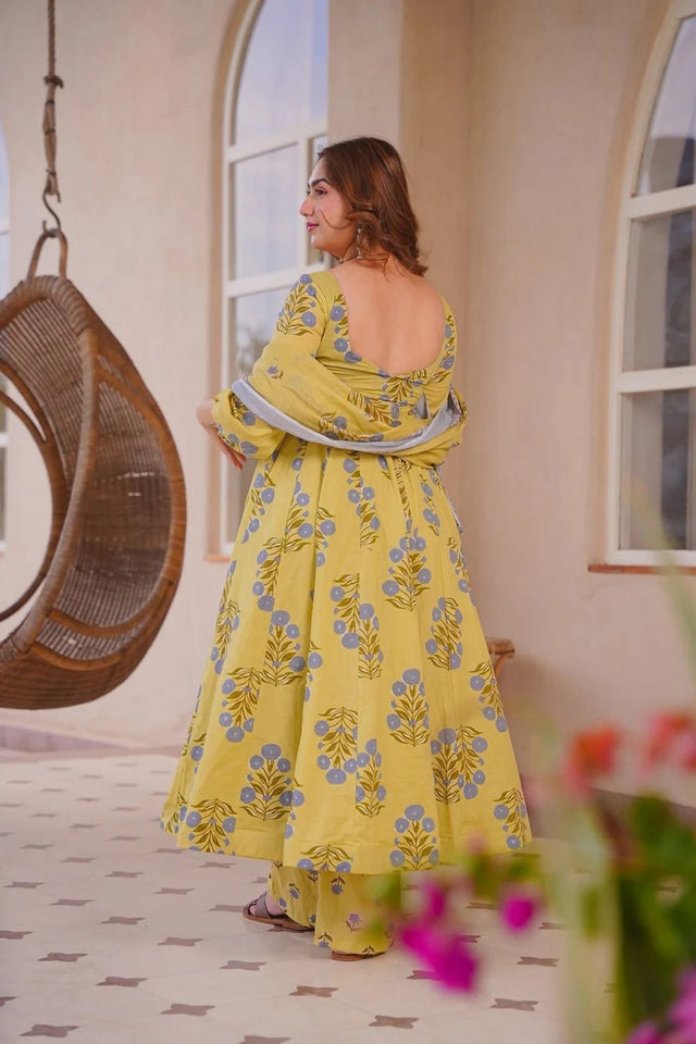 Yellow Floral Printed Cotton Silk Anarkali Suit (ACA8814)