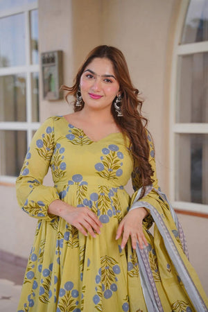 Yellow Floral Printed Cotton Silk Anarkali Suit (ACA8814)