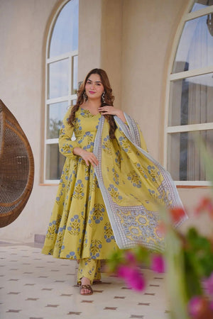 Yellow Floral Printed Cotton Silk Anarkali Suit (ACA8814)