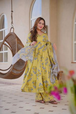 Yellow Floral Printed Cotton Silk Anarkali Suit (ACA8814)