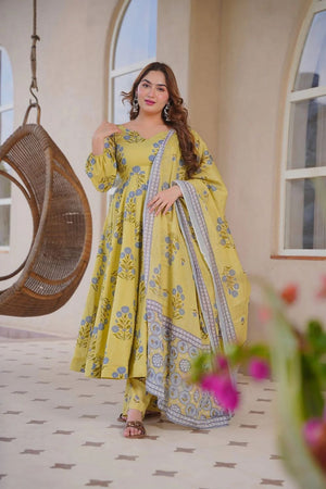 Yellow Floral Printed Cotton Silk Anarkali Suit (ACA8814)