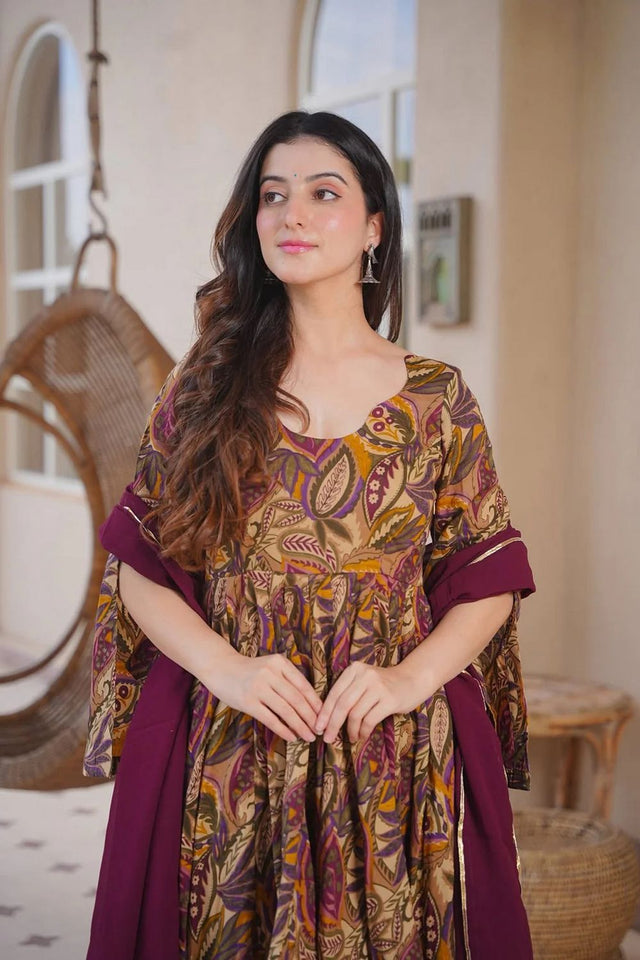 Brown Printed Cotton Silk Anarkali Suit (ACA8815)