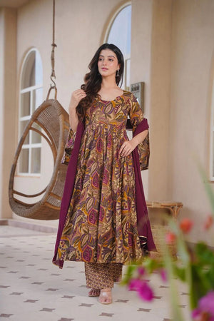 Brown Printed Cotton Silk Anarkali Suit (ACA8815)