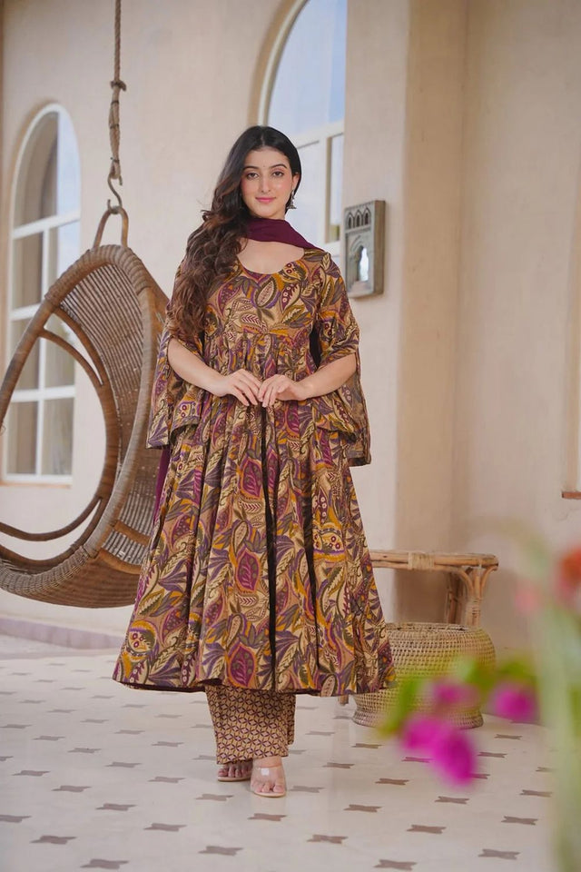 Brown Printed Cotton Silk Anarkali Suit (ACA8815)