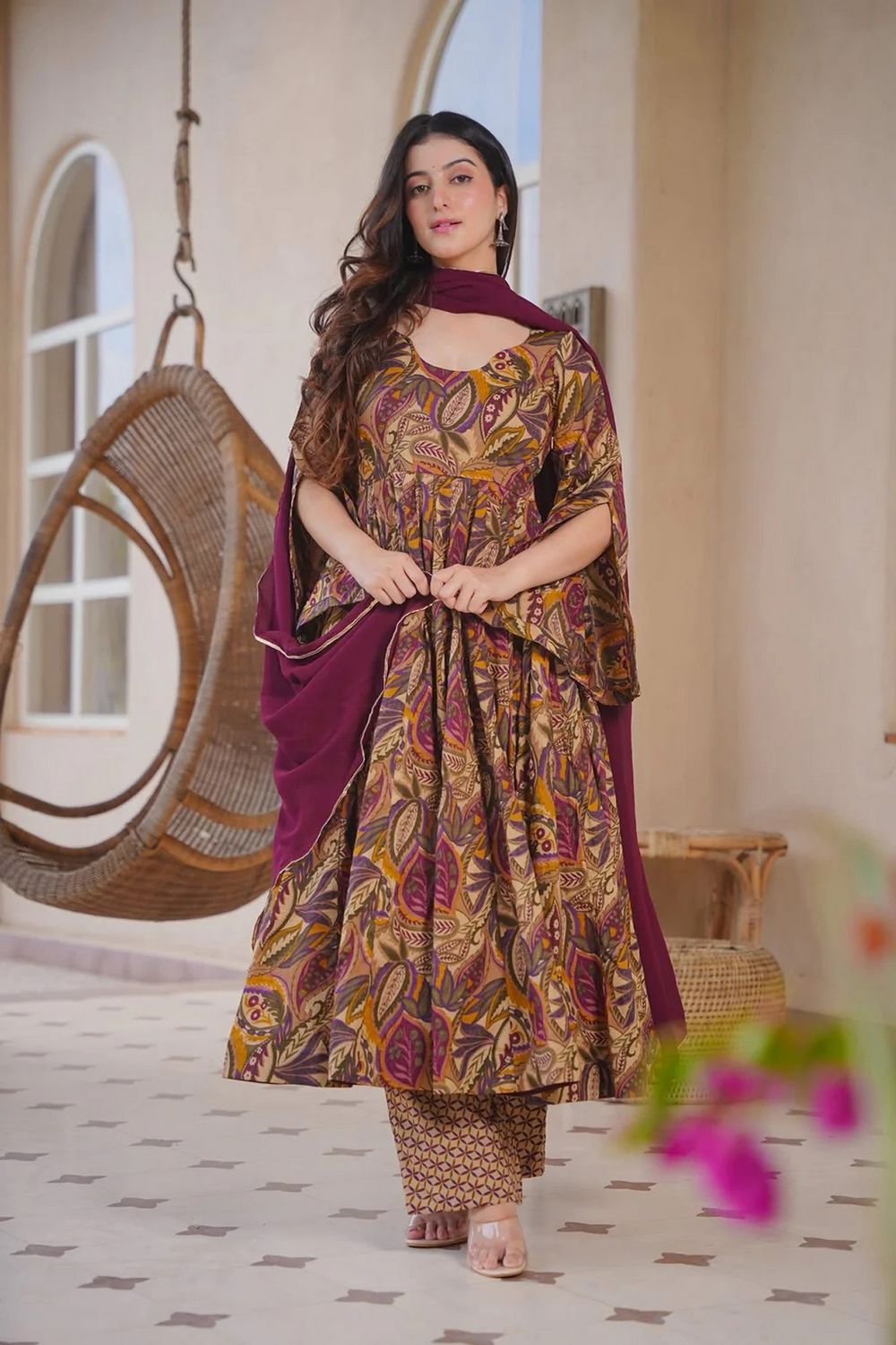 cotton silk anarkali dresses Brown Printed Cotton Silk Anarkali Suit (ACA8815)