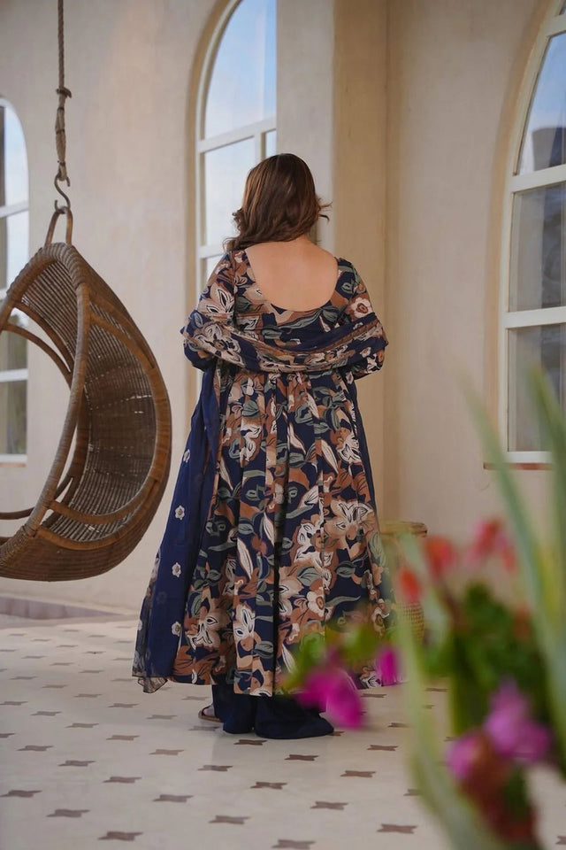 Blue Printed Cotton Silk Anarkali Suit (ACA8816)