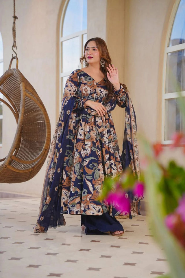 Blue Printed Cotton Silk Anarkali Suit (ACA8816)