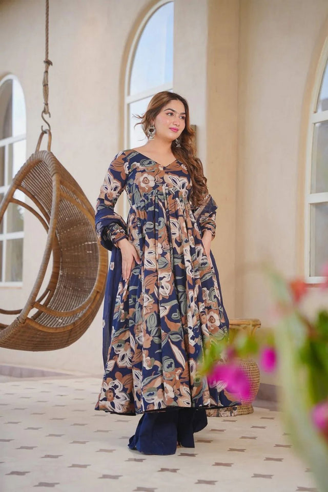 Blue Printed Cotton Silk Anarkali Suit (ACA8816)