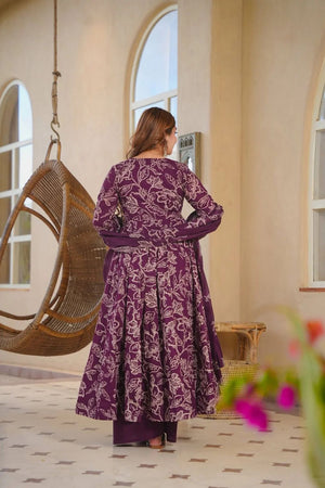 Purple Printed Cotton Silk Anarkali Suit (ACA8817)