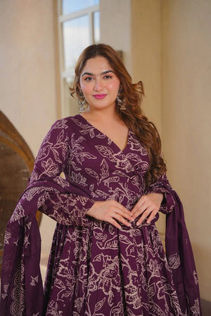 Purple Printed Cotton Silk Anarkali Suit (ACA8817)