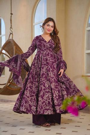 Purple Printed Cotton Silk Anarkali Suit (ACA8817)