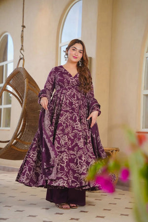 Purple Printed Cotton Silk Anarkali Suit (ACA8817)