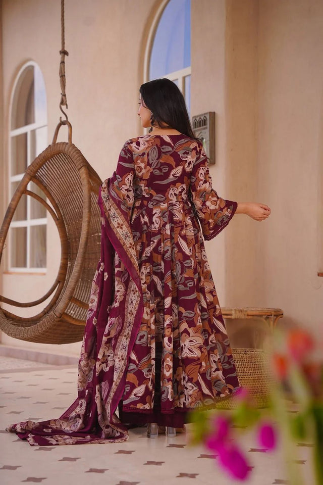 Maroon Printed Cotton Silk Anarkali Suit (ACA8818)