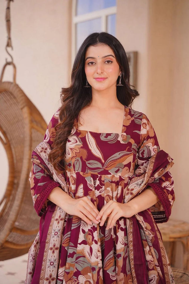 Maroon Printed Cotton Silk Anarkali Suit (ACA8818)
