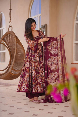 Maroon Printed Cotton Silk Anarkali Suit (ACA8818)