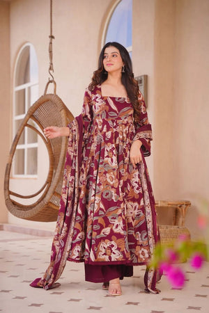 Maroon Printed Cotton Silk Anarkali Suit (ACA8818)