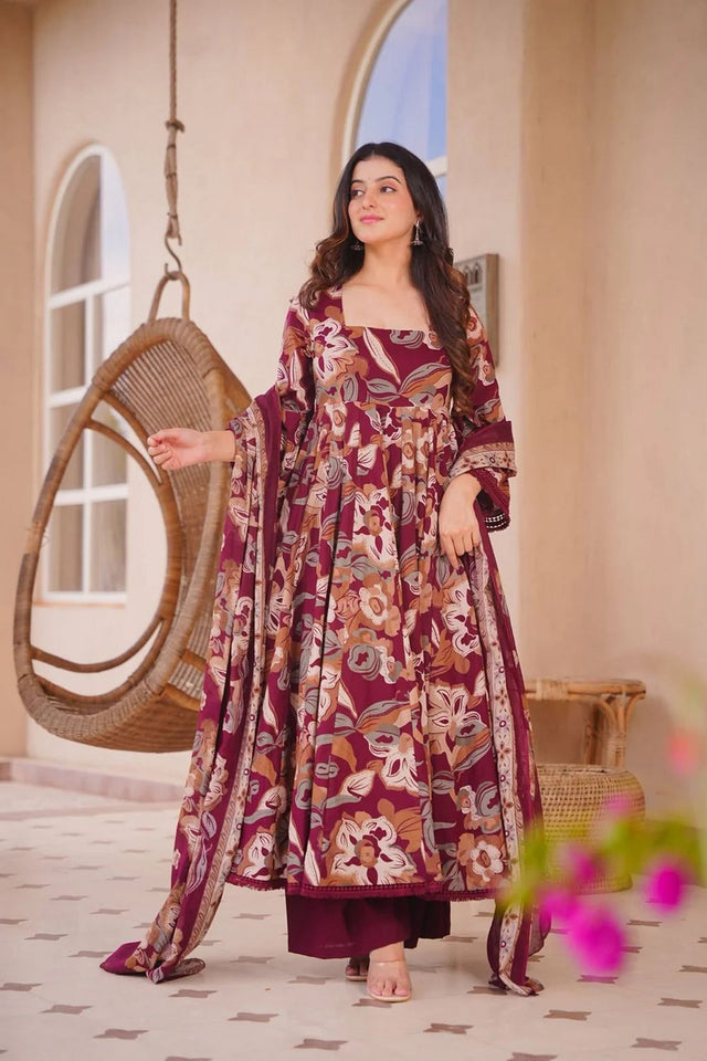 Maroon Printed Cotton Silk Anarkali Suit (ACA8818)