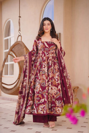 Maroon Printed Cotton Silk Anarkali Suit (ACA8818)