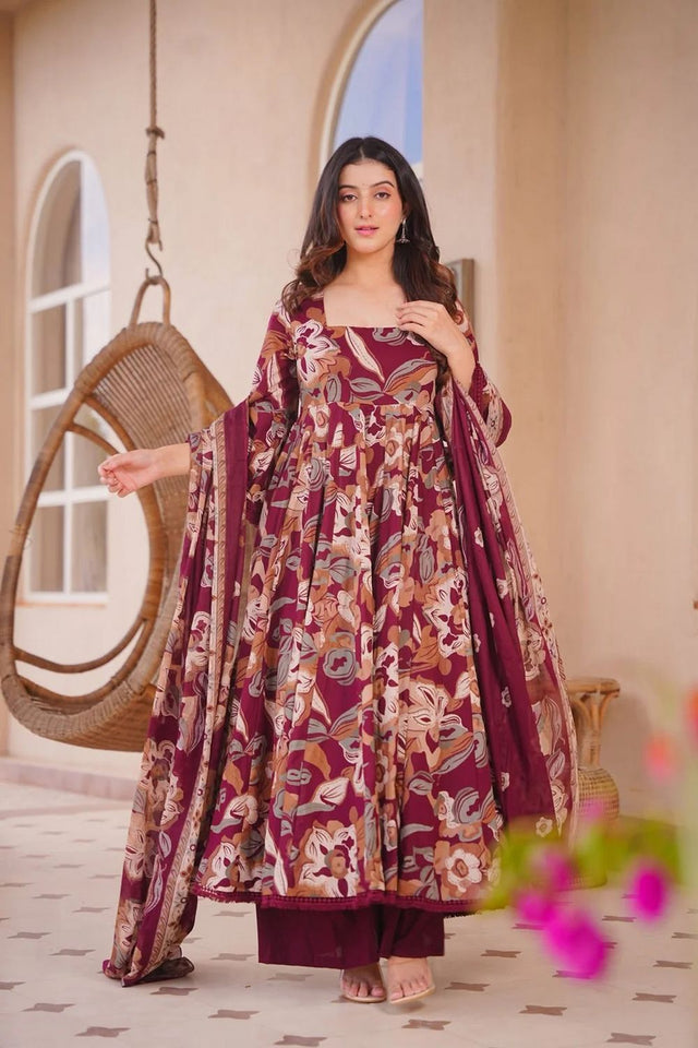 Maroon Printed Cotton Silk Anarkali Suit (ACA8818)