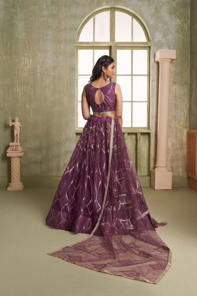 Wine Sequin Net Lehenga (ACA8819)