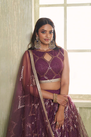 Wine Sequin Net Lehenga (ACA8819)