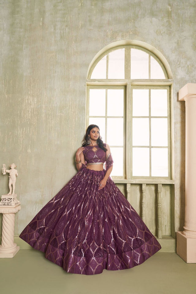 Wine Sequin Net Lehenga (ACA8819)