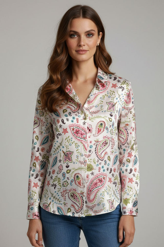 White Printed Satin Shirt (ACA8824)
