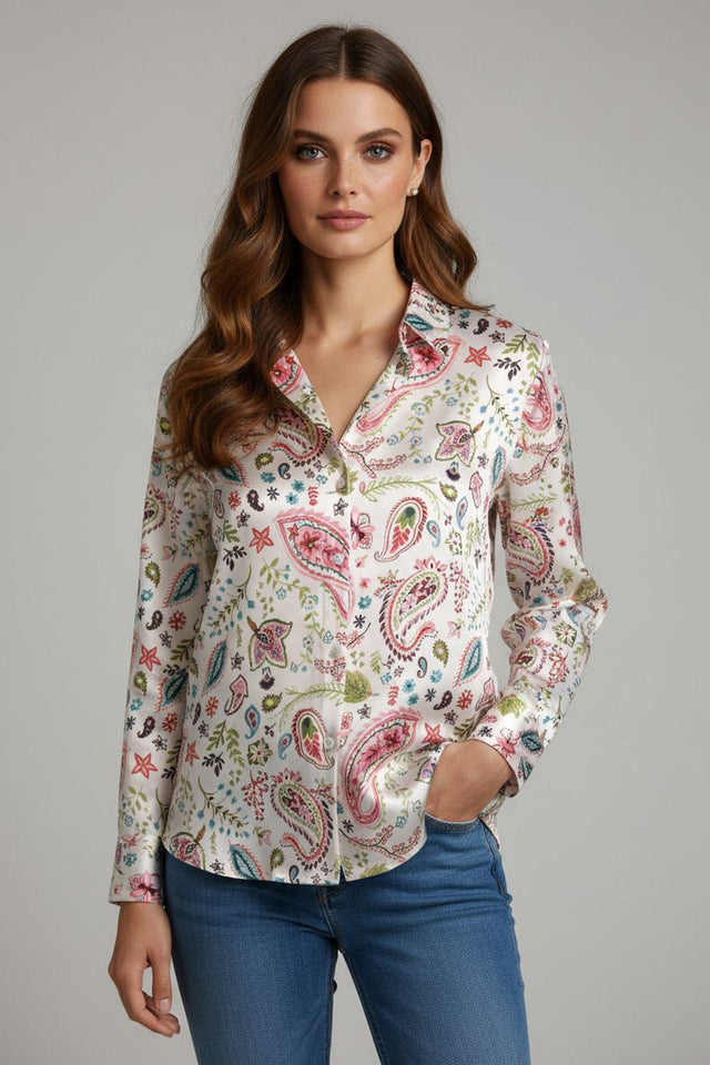 White Printed Satin Shirt (ACA8824)