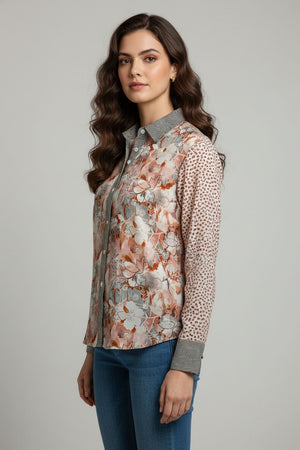 Grey Floral Printed Satin Shirt (ACA8825)