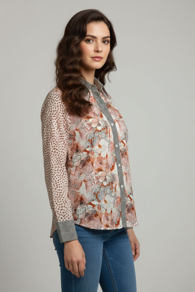 Grey Floral Printed Satin Shirt (ACA8825)