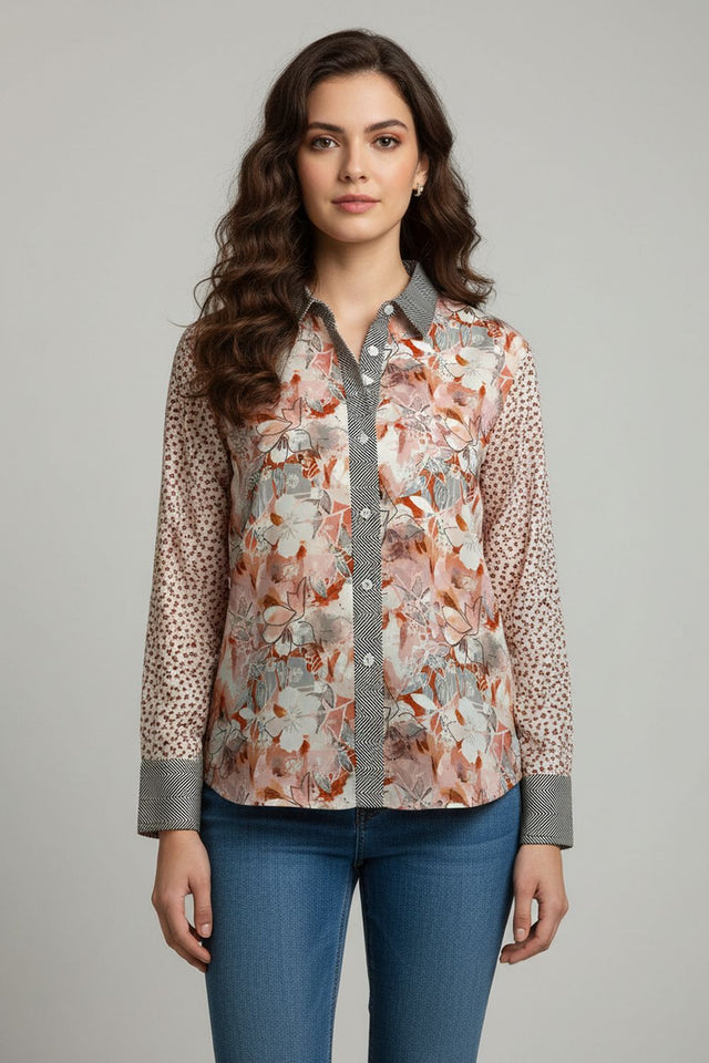Grey Floral Printed Satin Shirt (ACA8825)