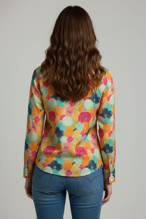 Mustard Floral Printed Satin Shirt (ACA8826)