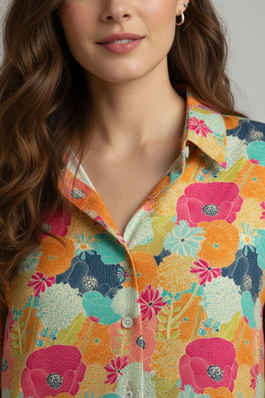 Mustard Floral Printed Satin Shirt (ACA8826)