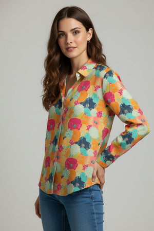 Mustard Floral Printed Satin Shirt (ACA8826)