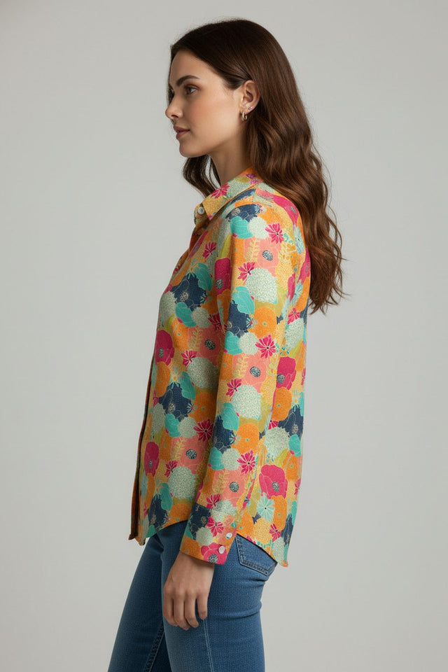 Mustard Floral Printed Satin Shirt (ACA8826)