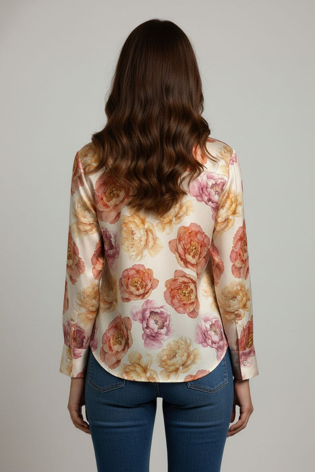 Cream Floral Printed Satin Shirt (ACA8827)