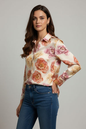 Cream Floral Printed Satin Shirt (ACA8827)