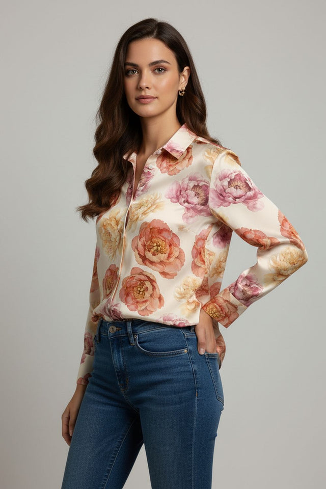 Cream Floral Printed Satin Shirt (ACA8827)